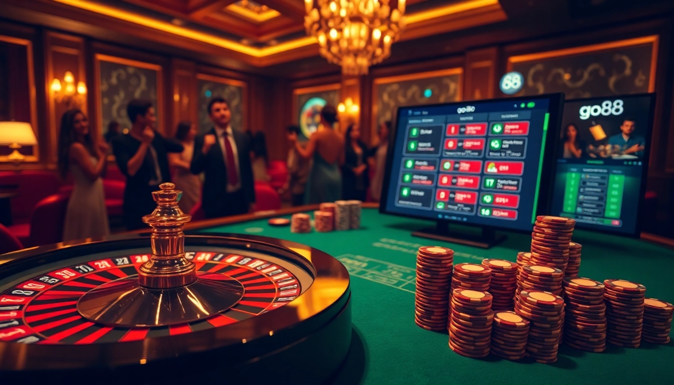 Players engaging in thrilling online gambling at go88 casino with roulette wheel and poker chips.