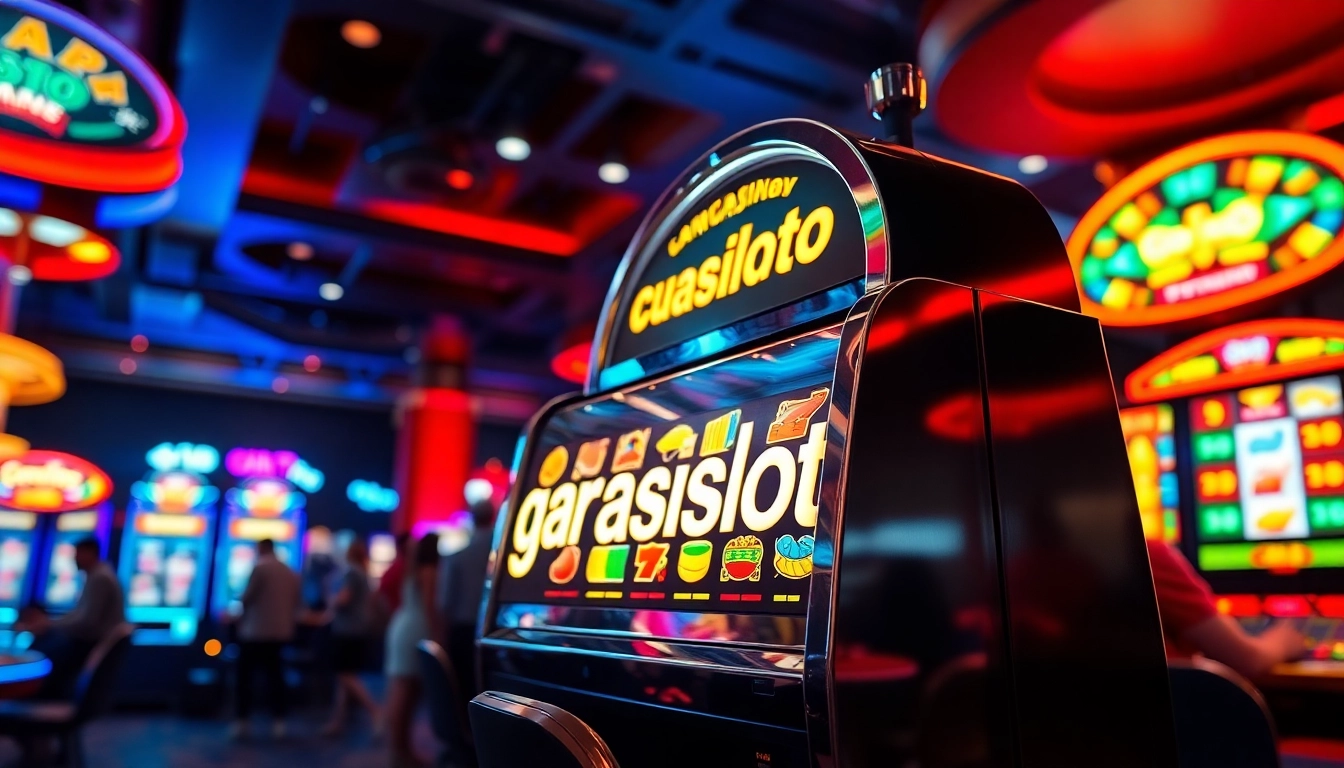 Permainan slot garasislot yang menarik dengan lampu berwarna cerah di kasino.