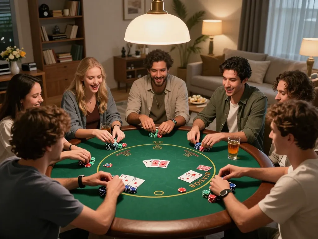 Friends enjoying a poker night at home with 777VIP, vibrant chips and cards in play.
