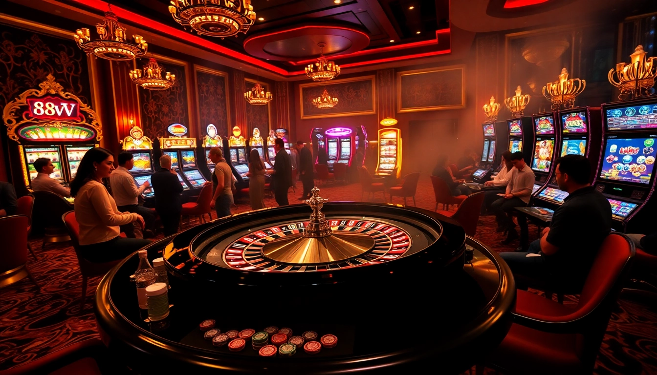 Players enjoying a thrilling roulette game at 88VV Casino with vibrant lights and luxury decor.