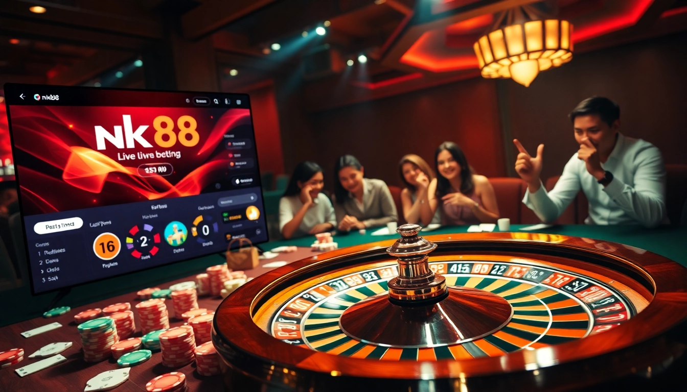 The thrill of gambling at nk88's vibrant online casino, showcasing colorful poker chips and roulette.