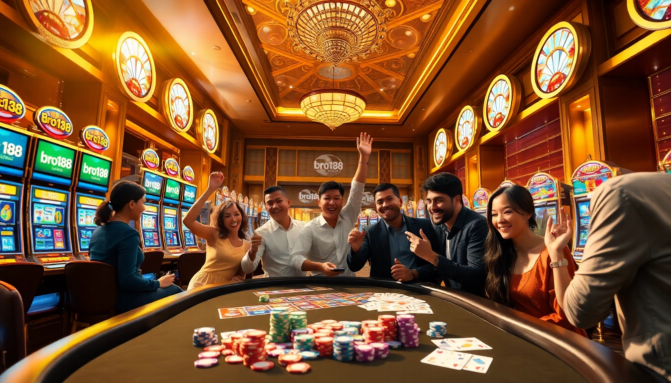 Join the excitement at bro138's slot machines in a luxurious casino environment.