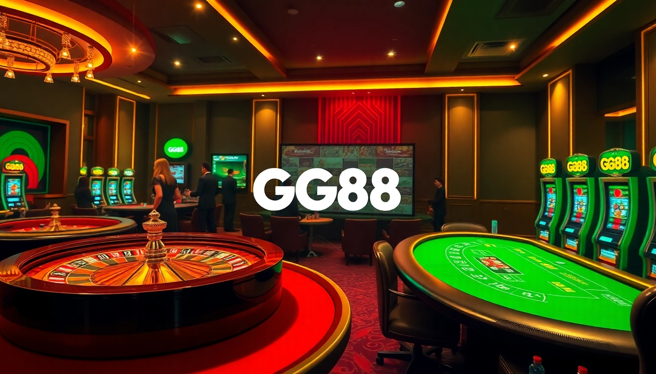 Experience the thrill of gambling at GG88 with vibrant casino visuals of roulette and poker.