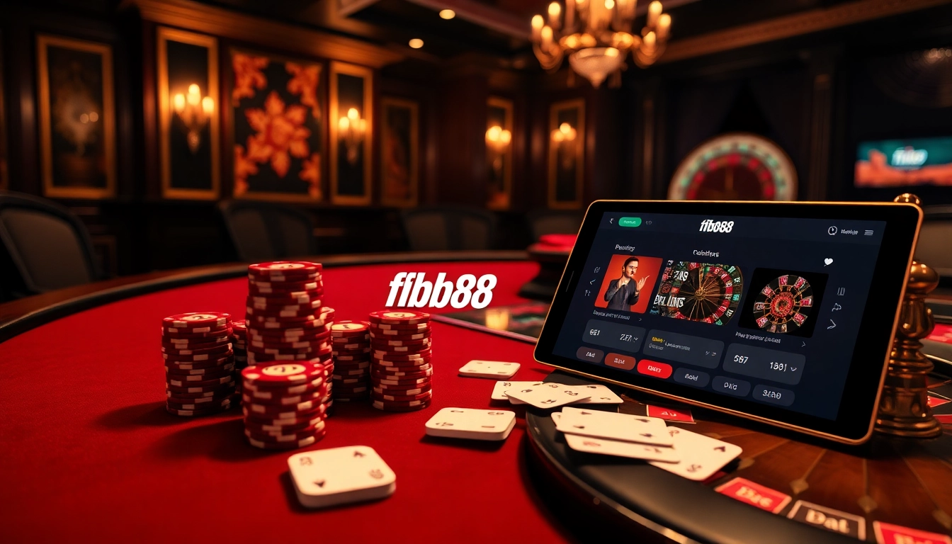 Experience the thrill of gambling with fb88 at a vibrant casino, featuring poker chips and a roulette wheel.